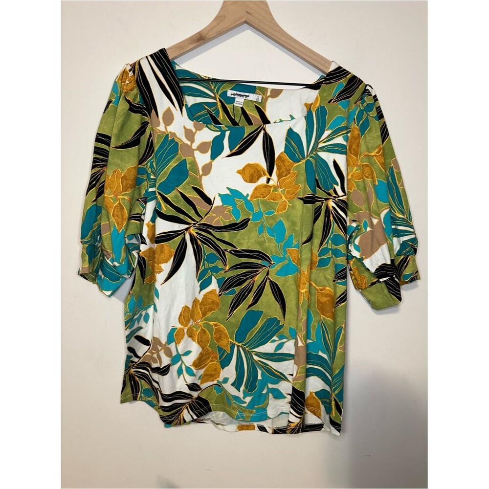 Chico’s Multi Palms Square Neck Top SZ 4 US XXL Short Sleeve